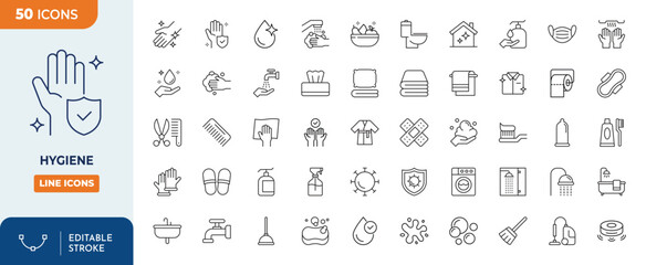 Hygiene Line Editable Icons set. Contain icons related to Hygiene, clean, sanitary, towel, wash, liquid , and more.  Editable stroke. Vector illustration	