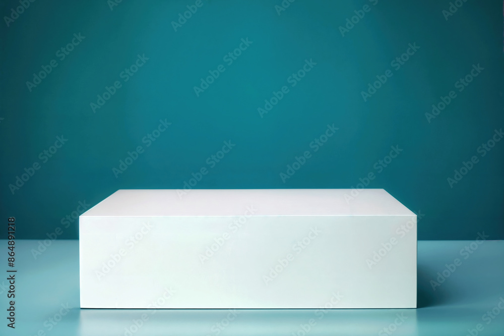 Poster Minimalist white rectangular block placed on a teal surface with a teal backdrop.