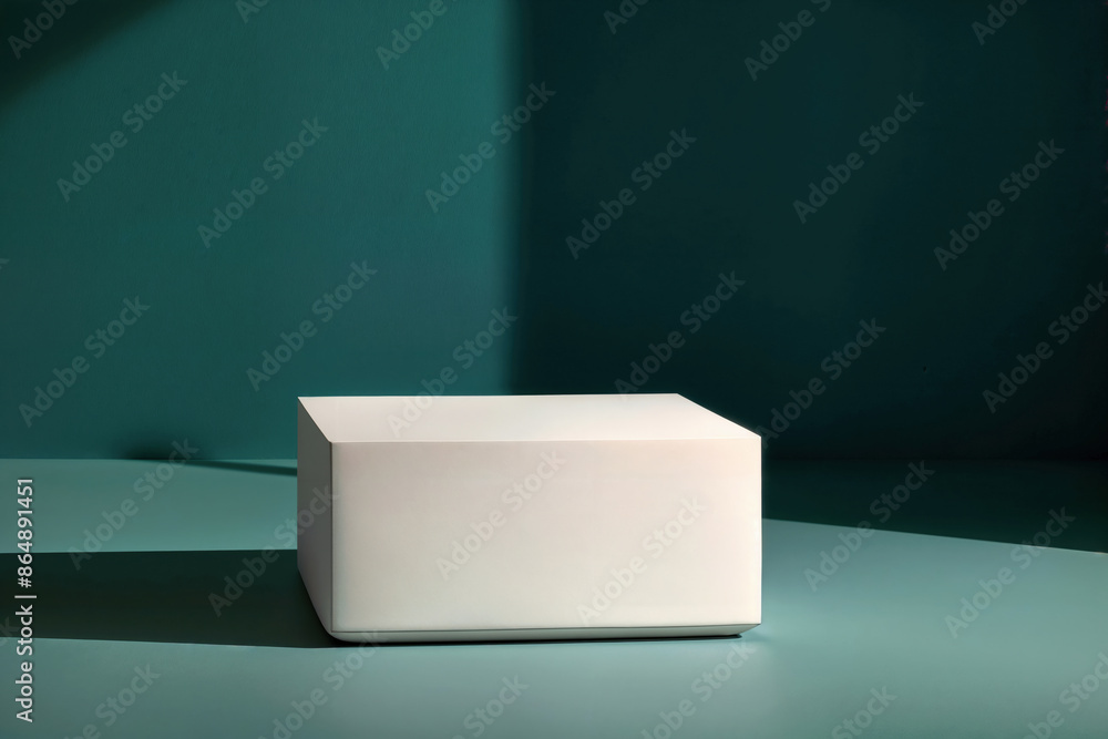 Poster minimalist white cube on a teal surface with a teal background, highlighted by dramatic shadows and 