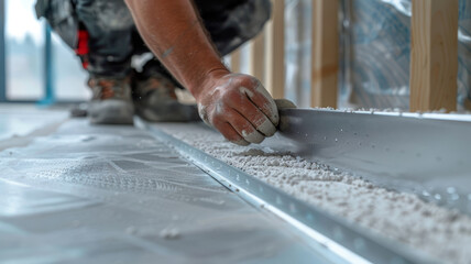 Construction worker installing drywall, focus on hands and tools.