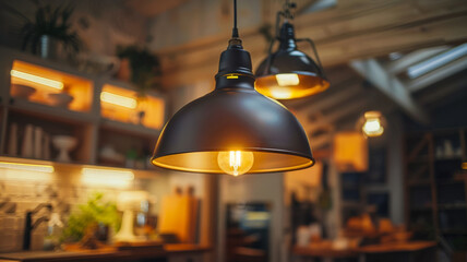 Close-up of hanging industrial-style lamps in a cozy interior.