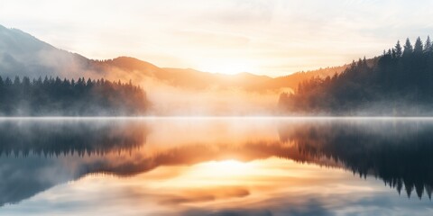 Fototapeta premium Serene sunrise over a tranquil lake with mist, reflecting trees and mountains on the calm water in a peaceful natural landscape