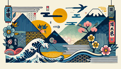 Concept of Japanese Ukiyo-e imagery. Vector illustration.