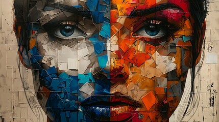 Naklejka premium A 16:9 modern art mural of an abstract portrait, faces and figures represented in abstract, fragmented forms.