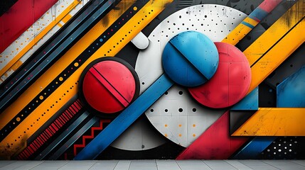 A 16:9 modern art mural of vibrant geometric patterns, bold colorful shapes intersecting and overlapping.
