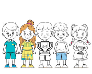 Cartoon kids with school trophies, outlined for coloring, on a white background.