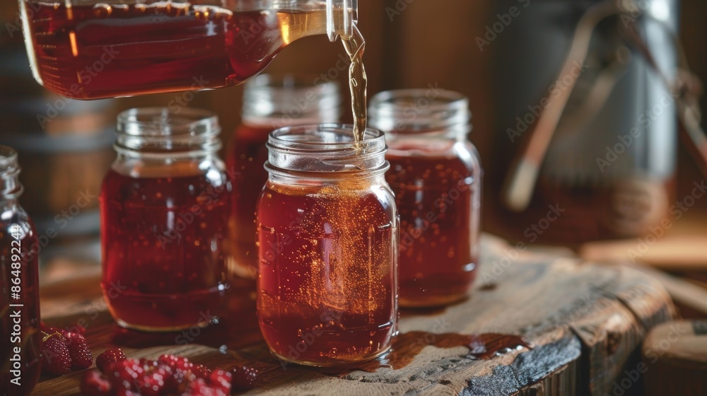 Poster a jug of rubyred cider is poured into mason jars ready to be enjoyed with the meal.