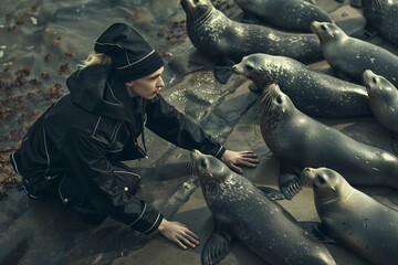 Fototapeta premium Model wearing black outfit posing with seals on beach