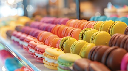 A closeup of a selection of colorful macarons arranged in a pastry shop display, set against a bright, cheerful background