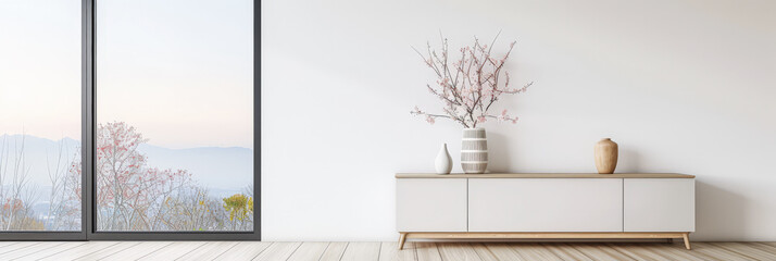 Elegant luxury interiors composition with a stylish sideboard next to a window providing natural lighting and minimal or no furniture. Premium residential Real Estate advertising.