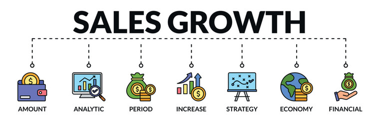 Banner of sales growth web vector illustration concept with icons of amount, analytics, period, increase, strategy, economy, financial