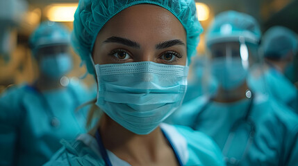 In a surgical room, a female surgeon confidently leads the medical team during the operation