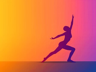 Naklejka premium Silhouette of a person practicing yoga in a warrior pose against a vibrant gradient background. Perfect for wellness and fitness themes.