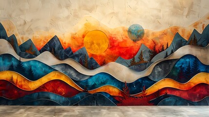 A mural of a surreal landscape, dreamlike scenery with abstract, surreal elements, showcasing a modern art style.