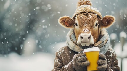 Cow in winter style costume, coat, scarf, holding coffe cup, winter snow background 