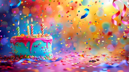 A vibrant birthday celebration scene with a colorful cake, candles, and confetti, set against a bright, festive background