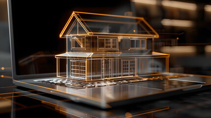 Fototapeta premium Showing 3D model house hologram transparent on a laptop keyboard on the screen, symbolizing in-depth research and exploration of real estate and housing options.