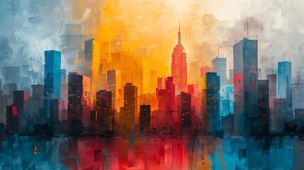 Abstract cityscape mural, simplified shapes representing a bustling city, modern art style.