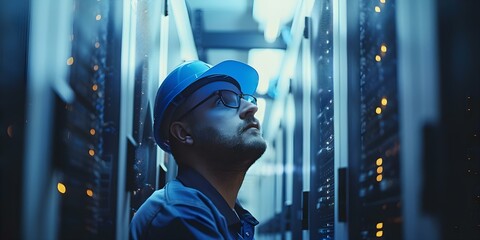 Securing Network in Server Room Responsibilities of a Data Center Engineer. Concept Network Security, Server Room Management, Data Center Engineer Responsibilities, Network Monitoring, Data Security