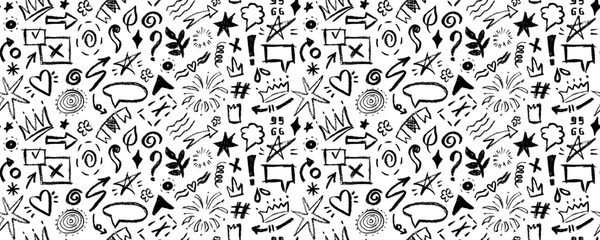 Vector seamless pattern  with charcoal graffiti doodle and girly shapes  Hand drawn abstract scribbles and squiggles, creative various shapes, pencil drawn. Scribbles, scrawls, stars, crown, 
