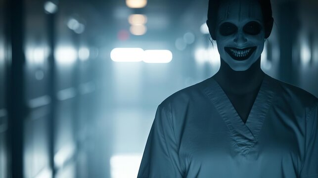 Skeleton nurse with a chilling grin and hollow eyes, dark atmosphere, close up, horror theme, surreal, overlay, abandoned hospital backdrop