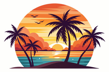 Tropical sunset with palm trees vector illustration, Retro and vintage summer vibes t-shirt design with palm tree
