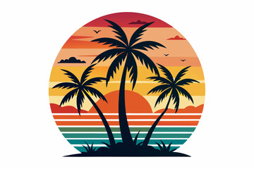Tropical sunset with palm trees vector illustration, Retro and vintage summer vibes t-shirt design with palm tree
