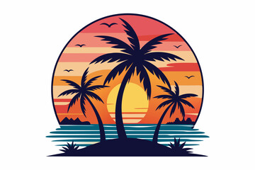 Tropical sunset with palm trees vector illustration, Retro and vintage summer vibes t-shirt design with palm tree
