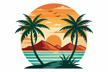 Tropical sunset with palm trees vector illustration, Retro and vintage summer vibes t-shirt design with palm tree

