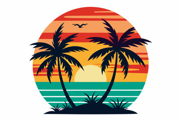 Tropical sunset with palm trees vector illustration, Retro and vintage summer vibes t-shirt design with palm tree
