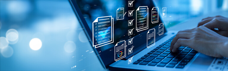 Document management concept, check electronic documents on digital documents on virtual screen...