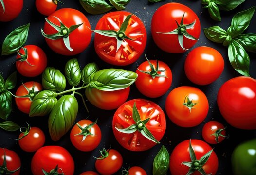 vibrant ripe tomatoes fresh basil leaves close healthy ingredients cooking, green, organic, natural, juicy, delicious, vegetable, salad, meal, recipe, vegetarian