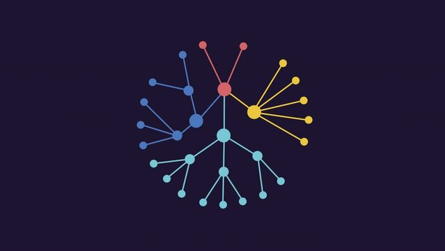 Knowledge graph animation. Data network animated element. Moving dots structure. Information organization. Isolated illustration on dark background. Transition alpha video. Motion graphic