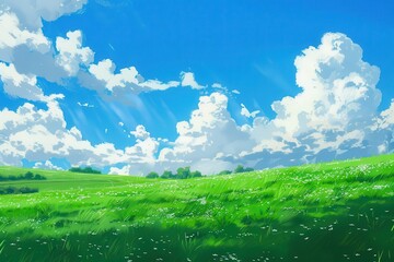 Obraz premium Green meadow field with blue sky and white clouds. Sunny summer day landscape with lush green grass and beautiful white clouds. Nature background.