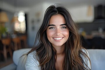 Obraz premium Young beautiful woman with long brown hair and beaming smile, sitting on sofa and making online purchase with credit card.