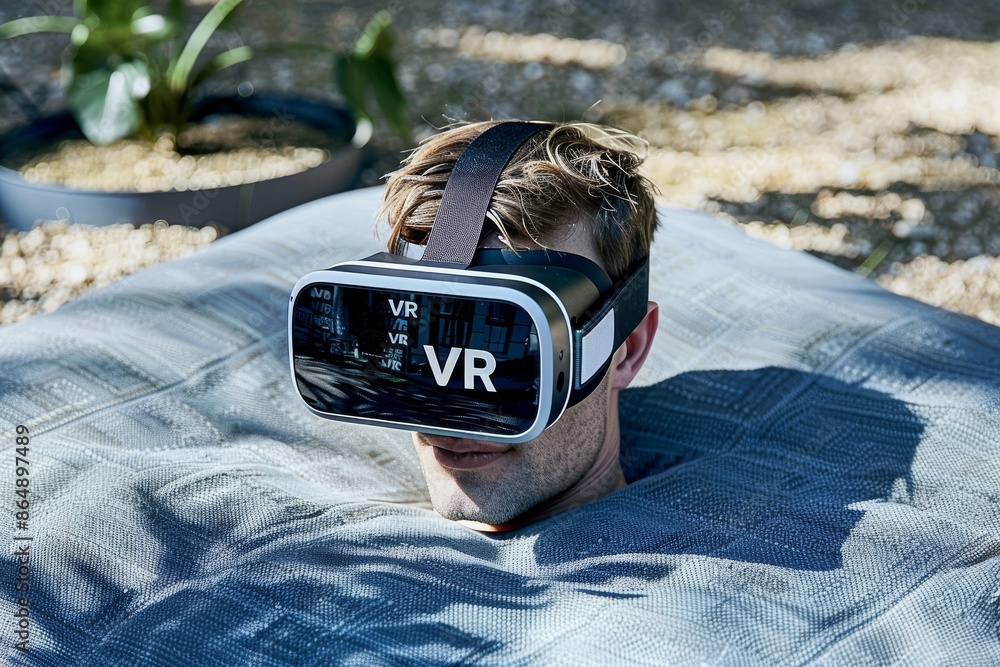 Aufkleber man using vr headset while relaxing outdoors, exploring immersive virtual reality and advanced digit