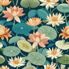 seamless pattern of serene batik water lilies, Generative AI
