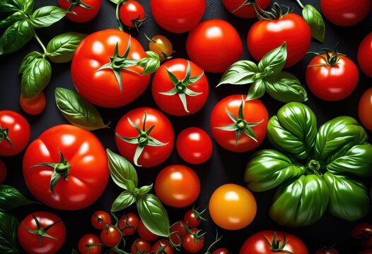 vibrant ripe tomatoes fresh basil leaves close healthy ingredients cooking, green, organic, natural, juicy, delicious, vegetable, salad, meal, recipe, vegetarian