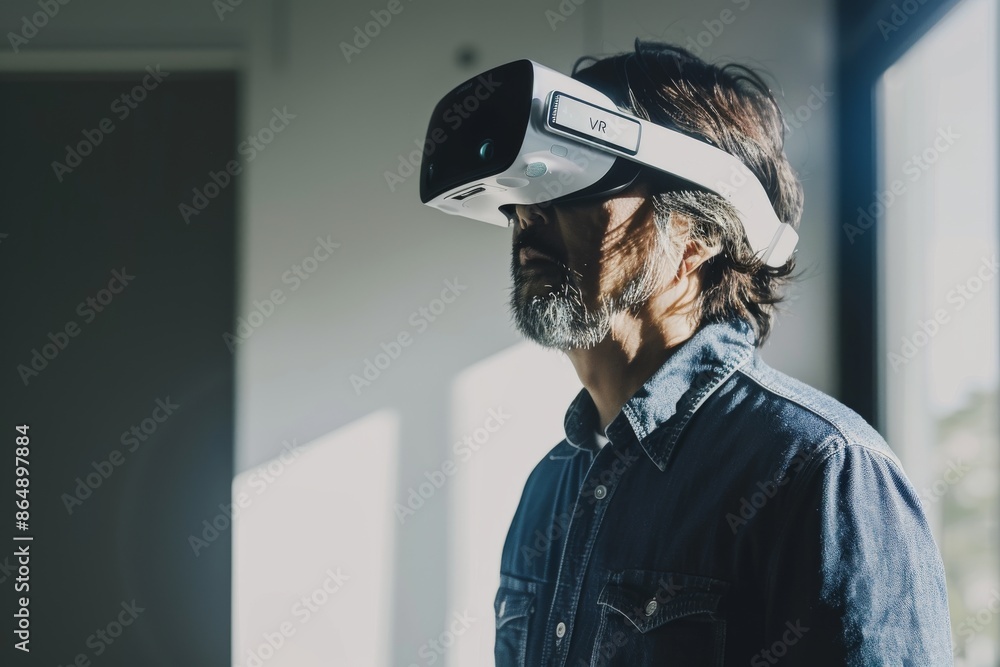 Aufkleber man using vr headset in a modern office, exploring immersive virtual reality and advanced digital te