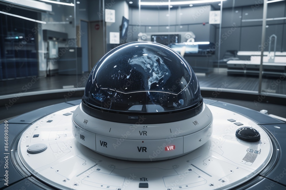 Poster futuristic vr device on display in a high-tech lab, showcasing advanced virtual reality technology a