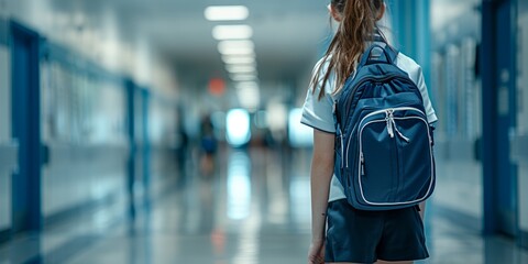 Fototapeta premium Student with a backpack walking through a school hallway, representing education, learning, and back-to-school themes.