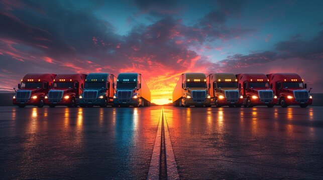 Semi Trucks Lined Up at Sunset on a Paved Lot