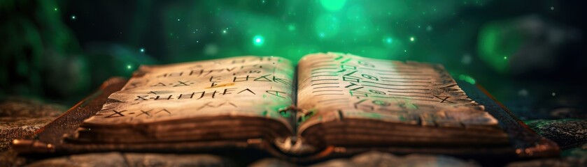 Naklejka premium Vintage open book with mystical glowing lights and ancient text. Eerie, magical ambiance surrounded by a green, ethereal glow. Fantasy concept.