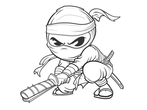 recommend clip art: Cartoon ninja crouching low with a scroll, outlined for coloring, on a white background.