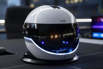 Futuristic VR device on a table, showcasing advanced virtual reality technology and innovative digital experiences.
