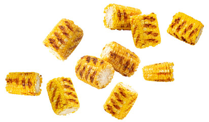 flying grilled corn isolated on white background. clipping path
