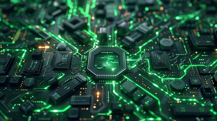 Design a detailed, abstract green circuit board pattern Intricate lines and nodes with a modern tech aesthetic