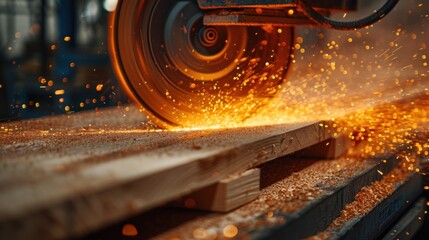 Circular Saw Cutting Wood With Spark Flurries in a Workshop