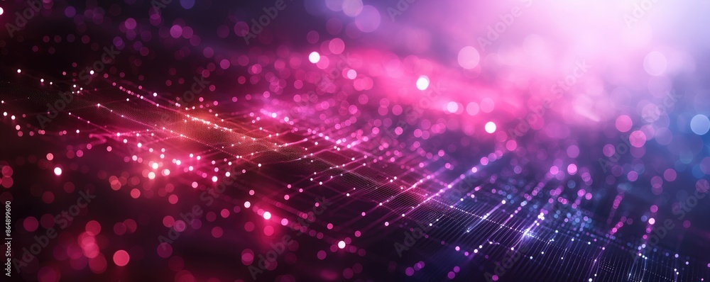 Poster abstract digital network with pink and purple lights and bokeh effect banner.