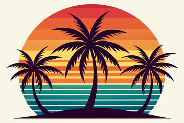 Tropical sunset with palm trees vector illustration, Retro and vintage summer vibes t-shirt design with palm tree
